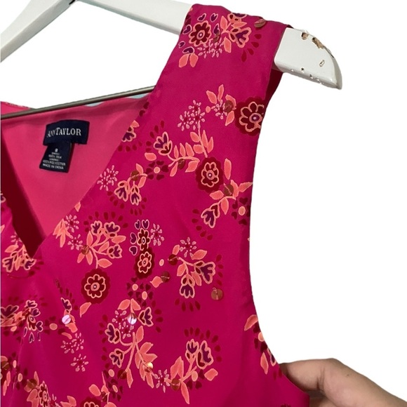Vintage Y2K Silk Tank Top 8 Ann Taylor Floral Sequin Feminine Fairy Pink - Picture 4 of 6